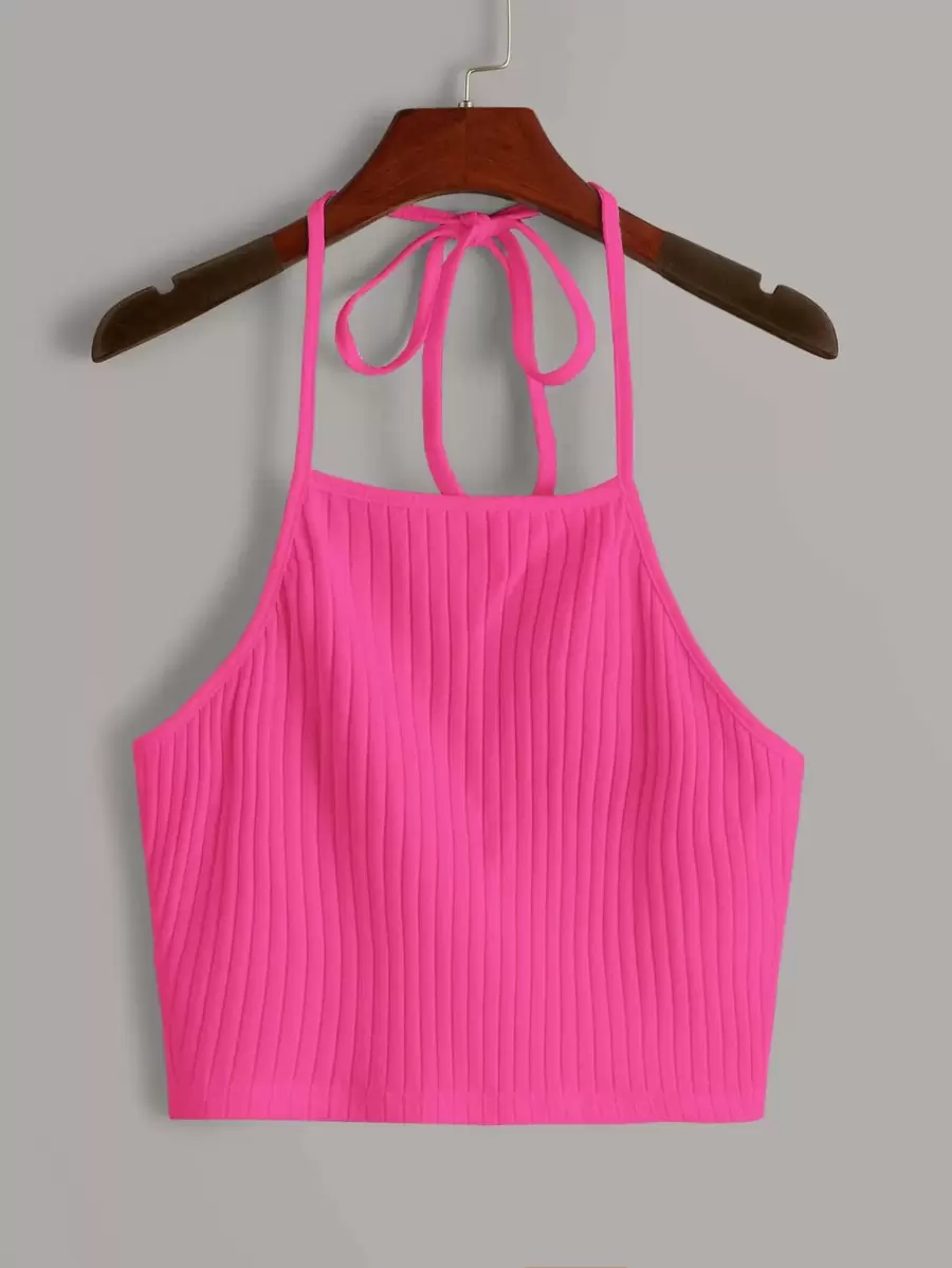 SHEIN EZwear Ribbed Neon Pink Cropped Halter Top - Hot Pink - View 1