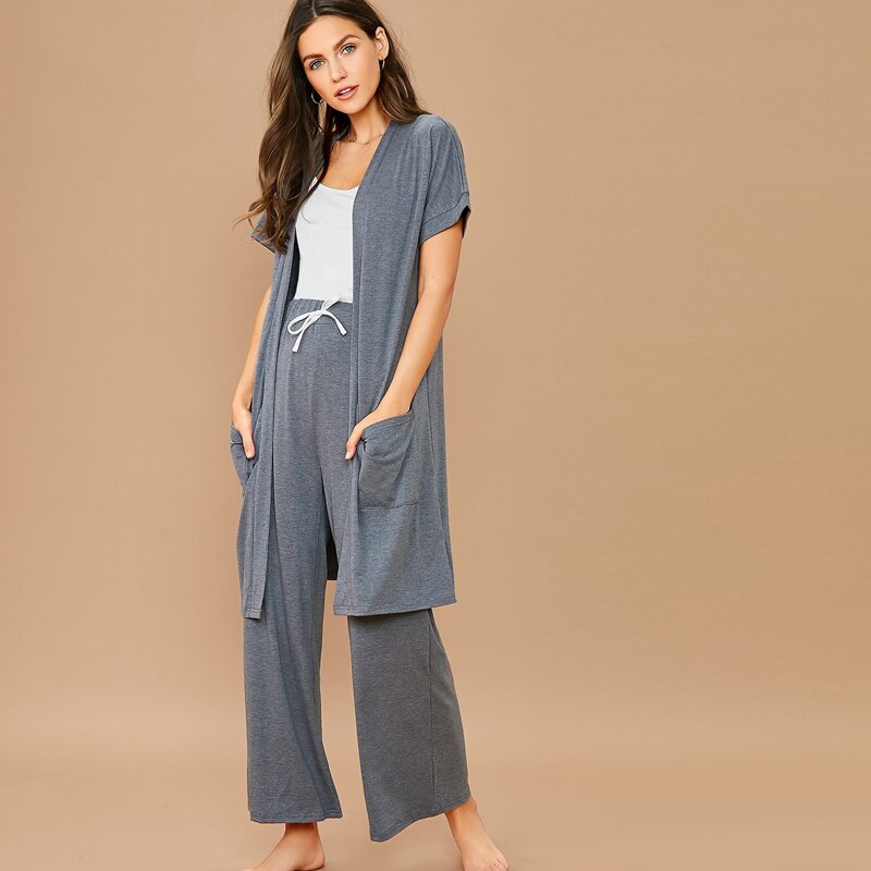 

3pcs Solid Cami Top & Pants PJ Set & Robe, Grey