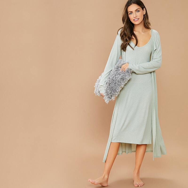 

Solid Cami Dress & Robe Set, Green pastel