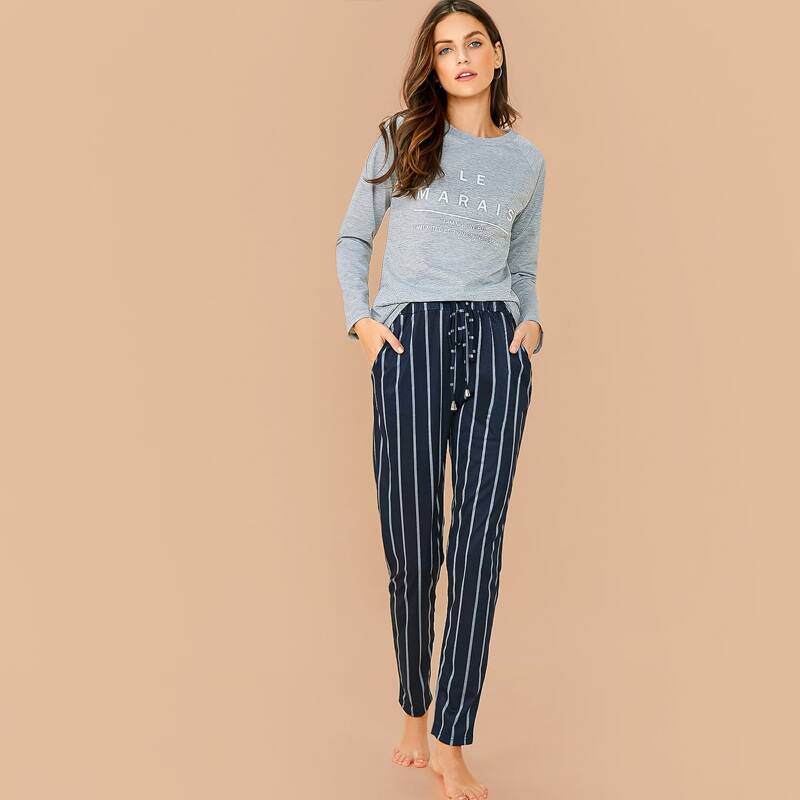

Letter Graphic Tee & Striped Pants PJ Set, Multicolor