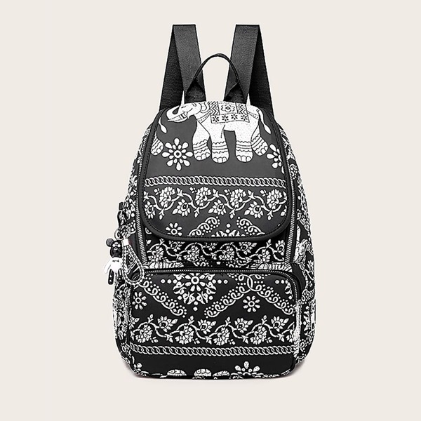 

Tribal Print Flap Backpack, Black and white