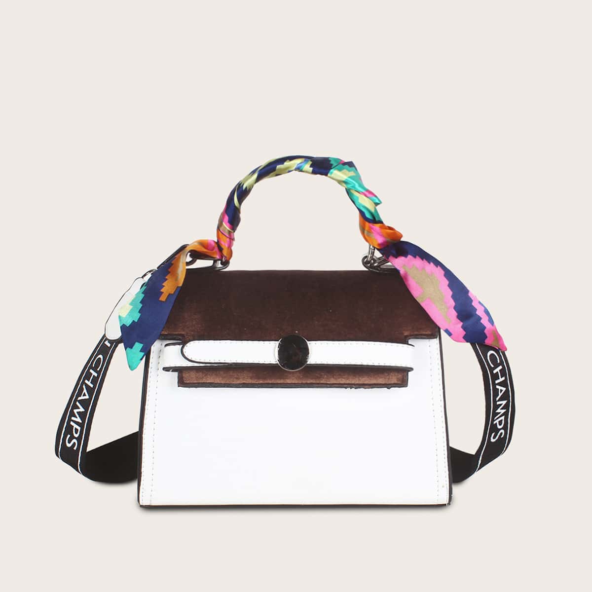 

Twilly Scarf Handle Satchel Bag, Black and white