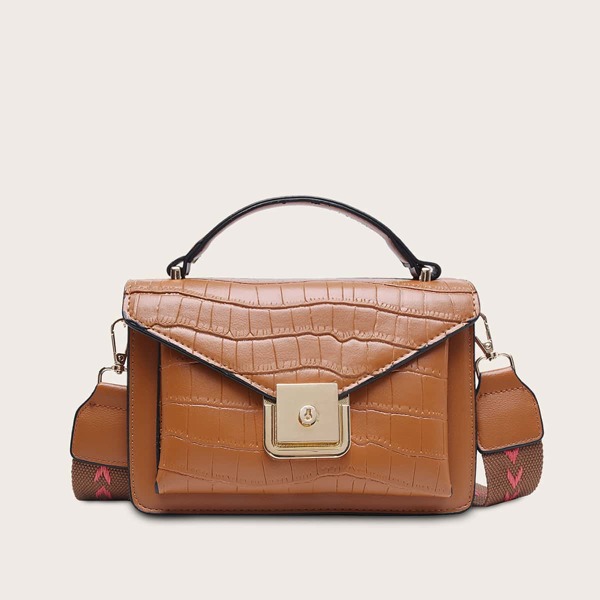 

Croc Embossed Flap Satchel Bag, Brown