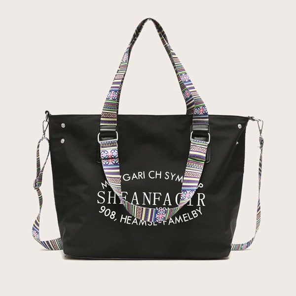 

Letter Graphic Tote Bag With Guitar Strap, Black