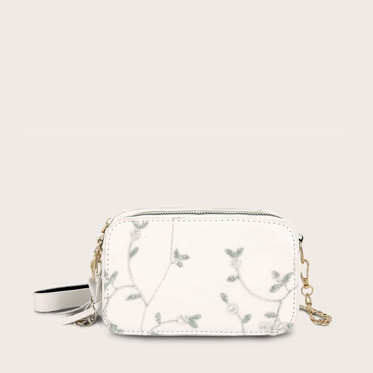 

Floral Embroidered Chain Bag, White