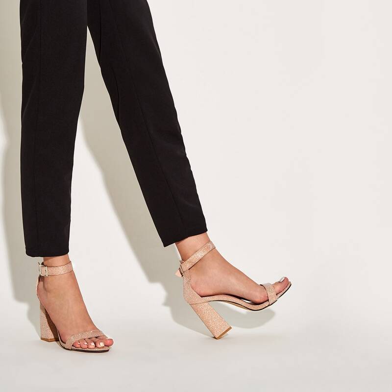 

Open Toe Glitter Ankle Strap Chunky Heels, Nude