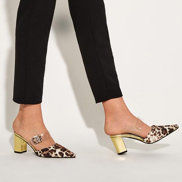 

Leopard Print Point Toe Chunky Heeled Mules, Multicolor