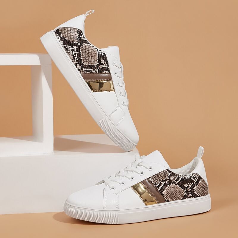 

Snakeskin Print Panel Lace-up Front Sneakers, White