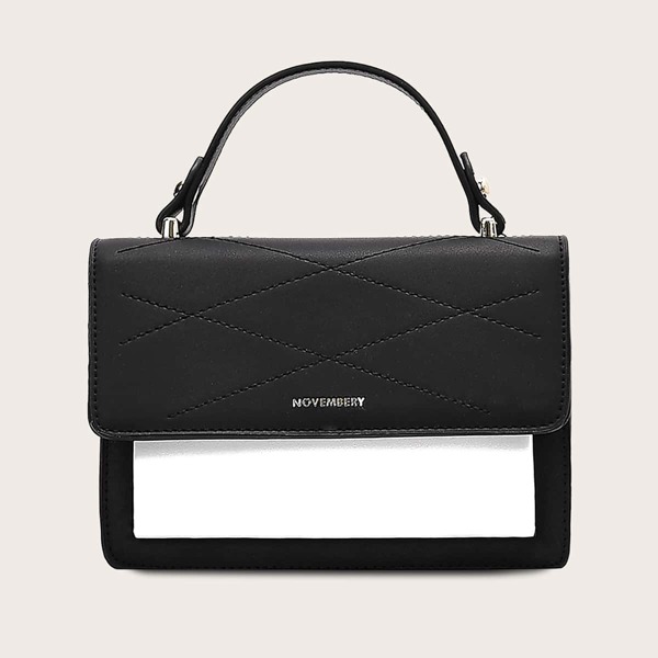 

Color Block Flap Satchel Bag, Black and white