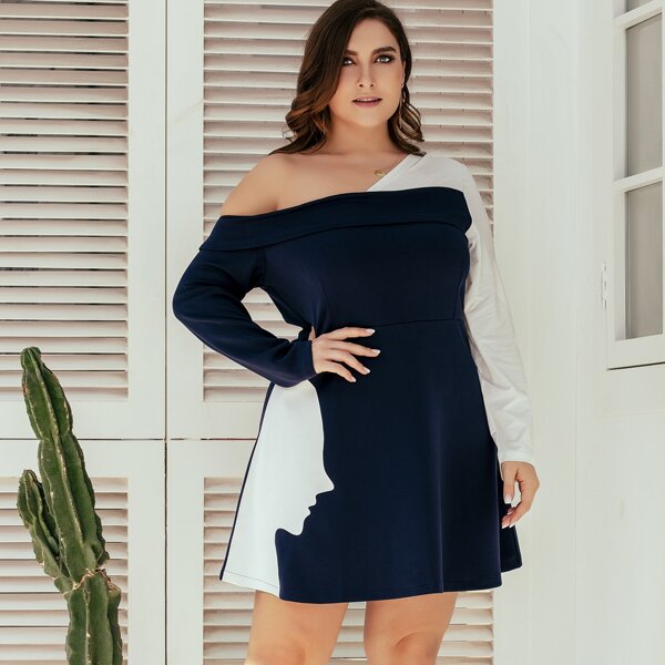 

Plus Contrast Panel Asymmetrical Neck A-line Dress, Navy blue