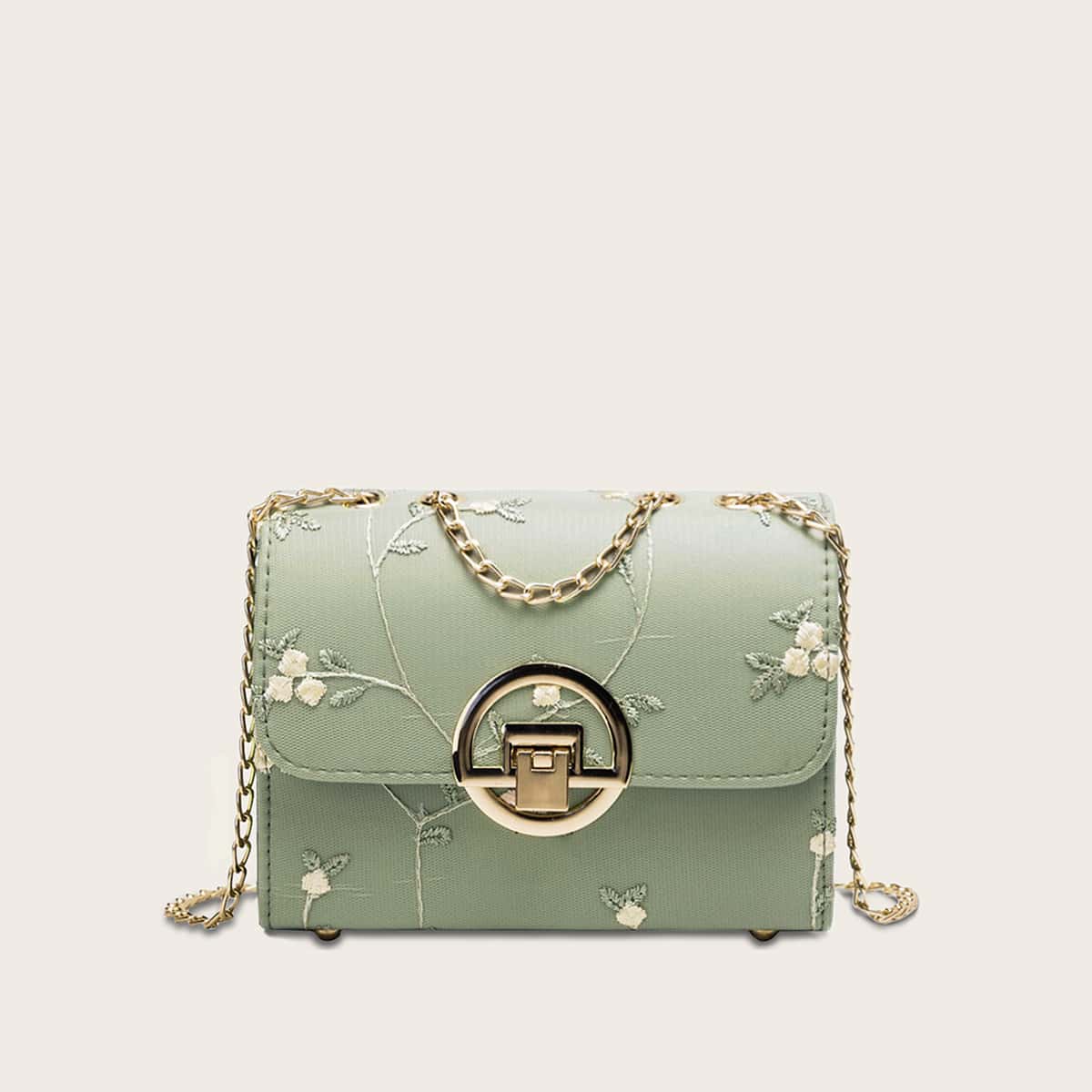 

Floral Embroidered Flap Chain Bag, Green