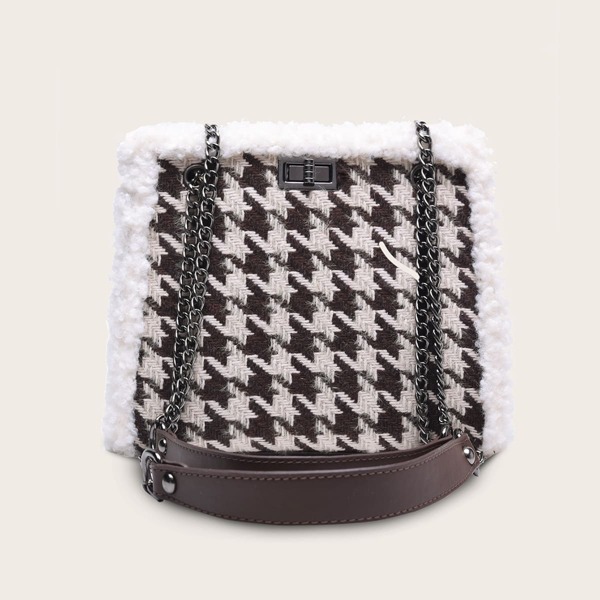 

Contrast Faux Fur Houndstooth Tote Bag, Multicolor