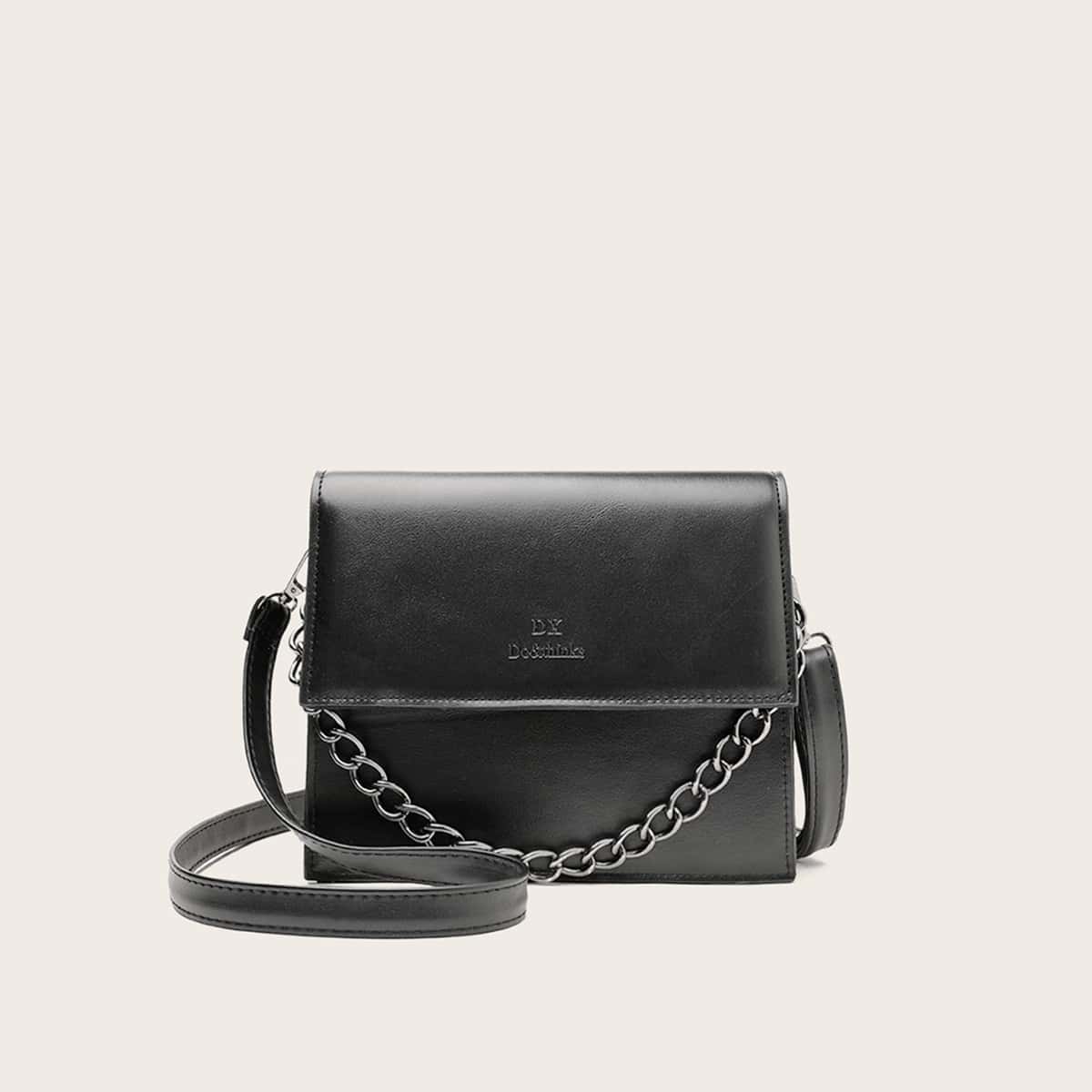 

Letter Detail Chain Satchel Bag, Black