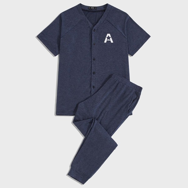 

Men Letter Graphic Raglan Sleeve Tee & Pants PJ Set, Navy