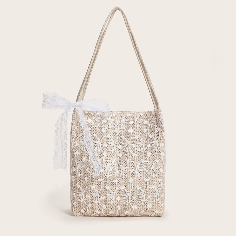 

Bow Decor Contrast Lace Plaited Tote Bag, Beige