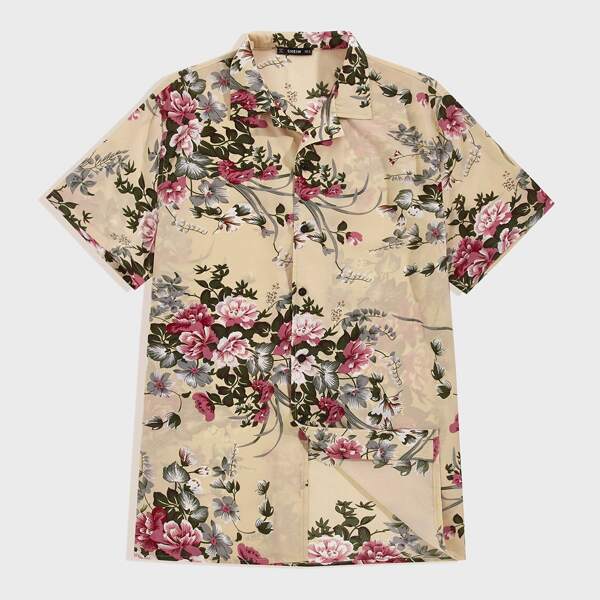 

Men Button Front Floral Print Shirt, Multicolor
