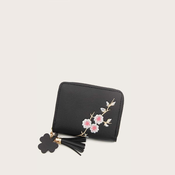 

Кошелек с цветочной вышивкой и бахромой, Чёрный