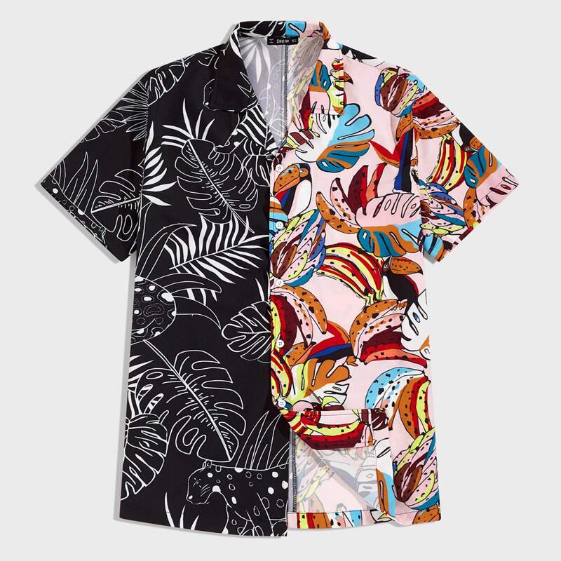 

Guys Notched Collar Spliced Tropical Print Shirt, Multicolor