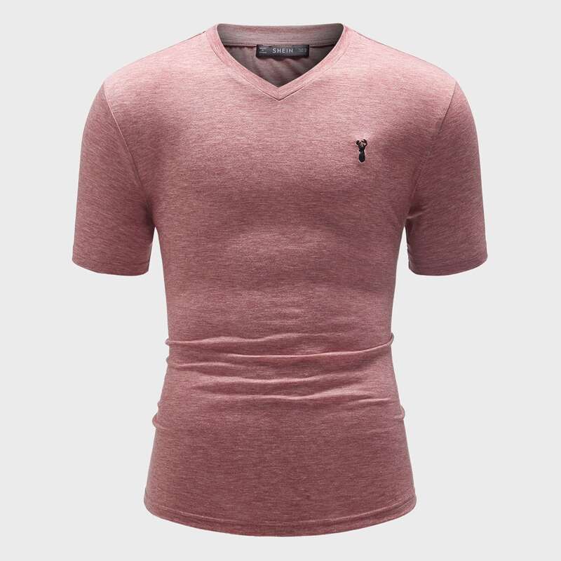 

Guys V-Neck Embroidery Detail Heather Knit Top, Pink