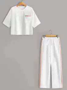 Pocket Patch Tee & Drawstring Waist Pants Set - White - View 1