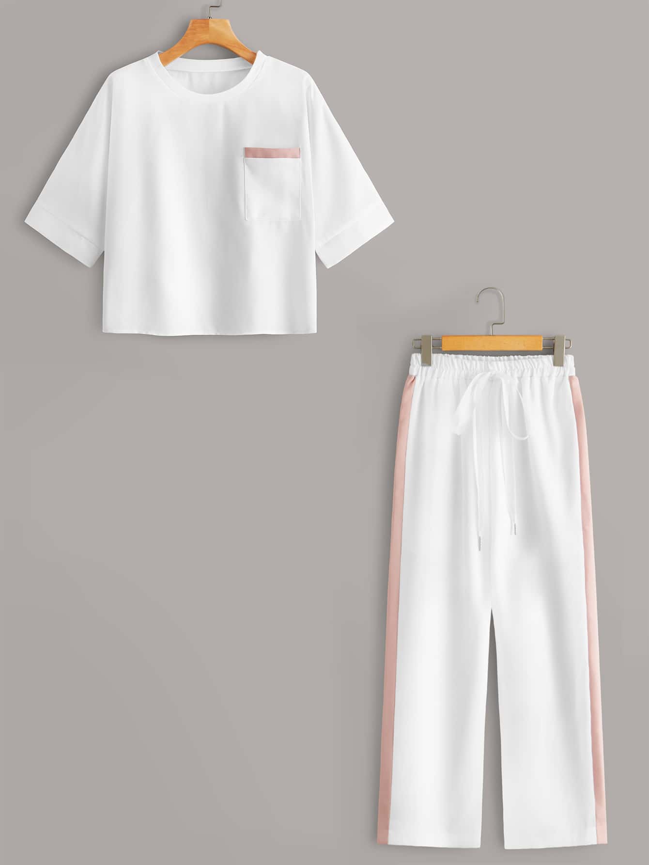 Pocket Patch Tee & Drawstring Waist Pants Set - White - View 1