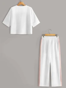 Pocket Patch Tee & Drawstring Waist Pants Set - White - View 2
