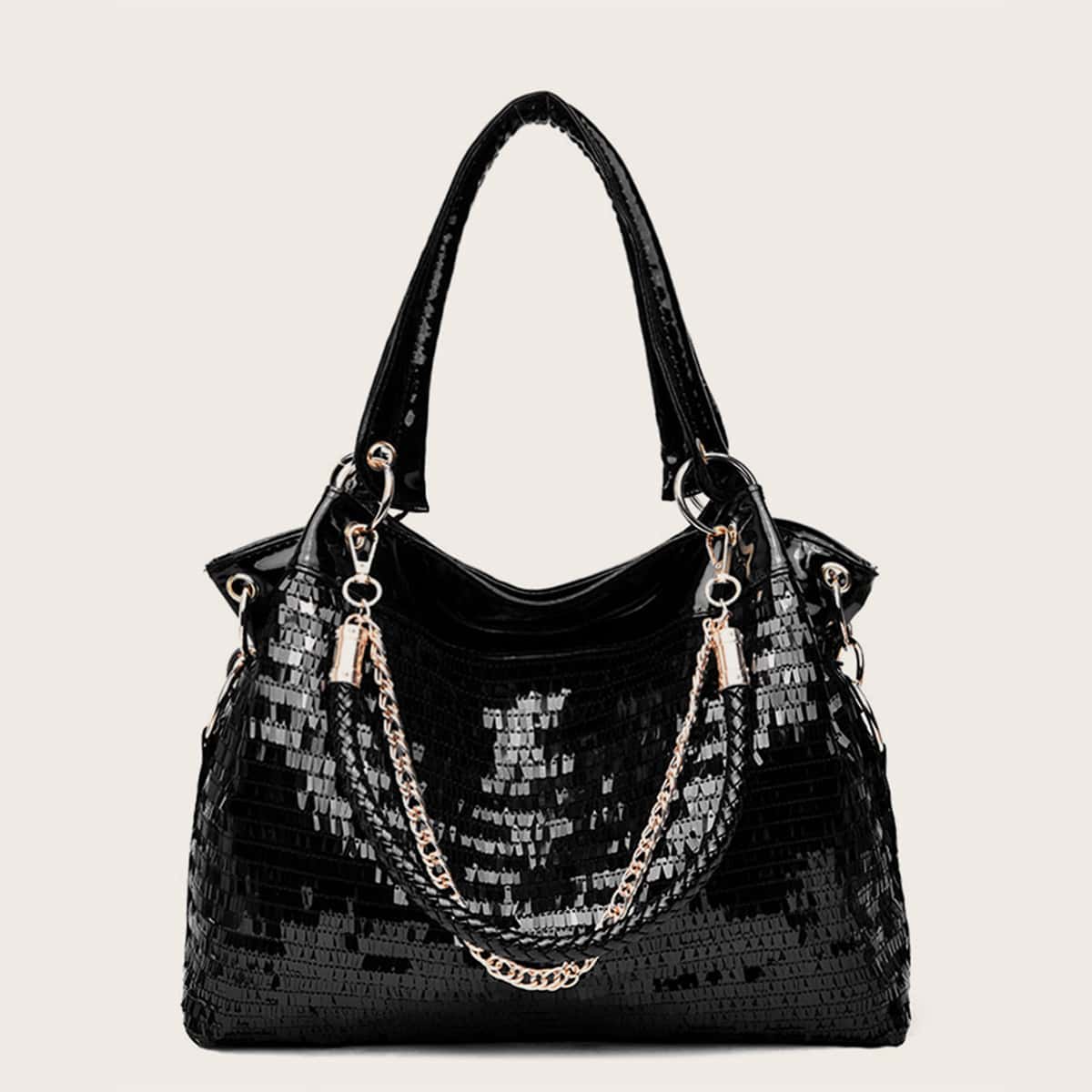 

Patent Chain Tote Bag, Black