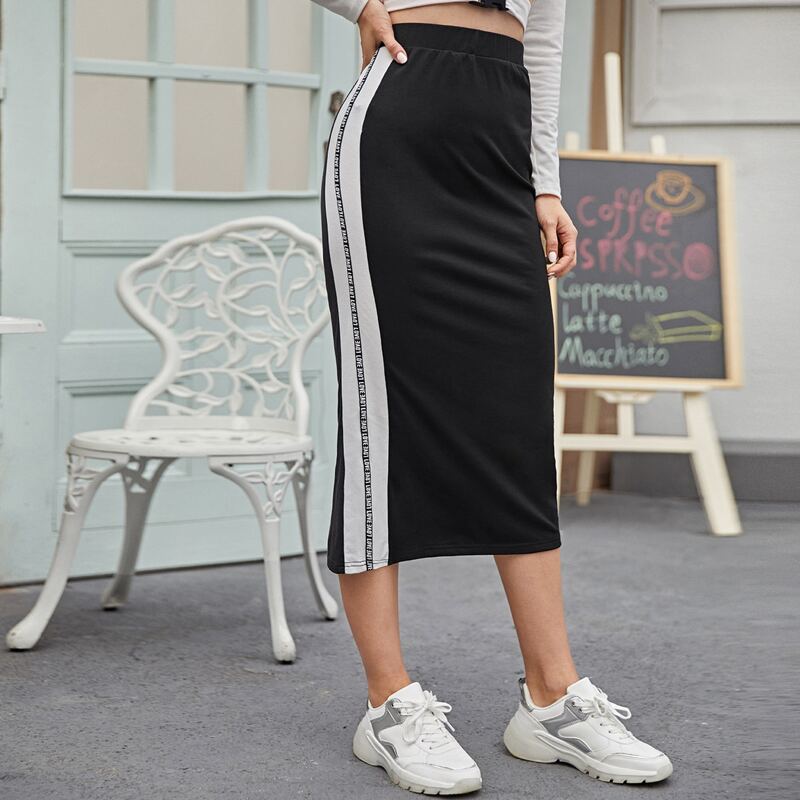 

Letter Tape Sideseam Split Back Skirt, Black