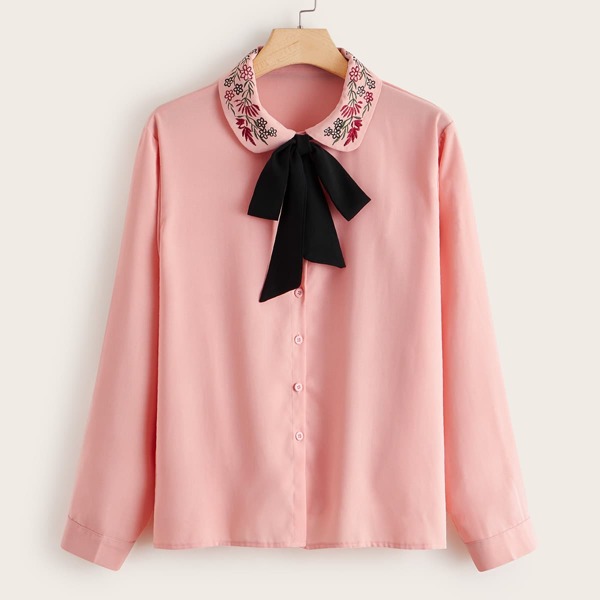 

Plus Floral Embroidered Tie Front Blouse, Pink