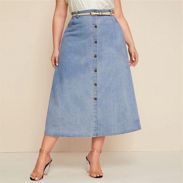 

Plus Button Front Denim A-line Skirt Without Belted, Blue pastel