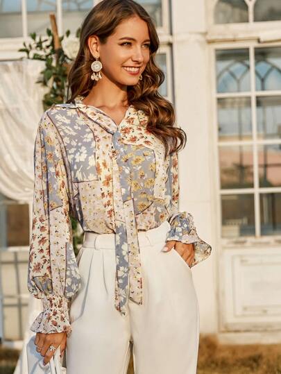 Tie Neck Floral Print Flounce Sleeve Blouse