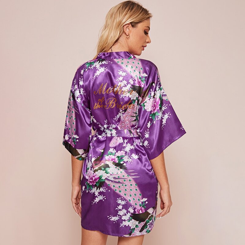 

Floral Print Belted Satin Robe, Purple