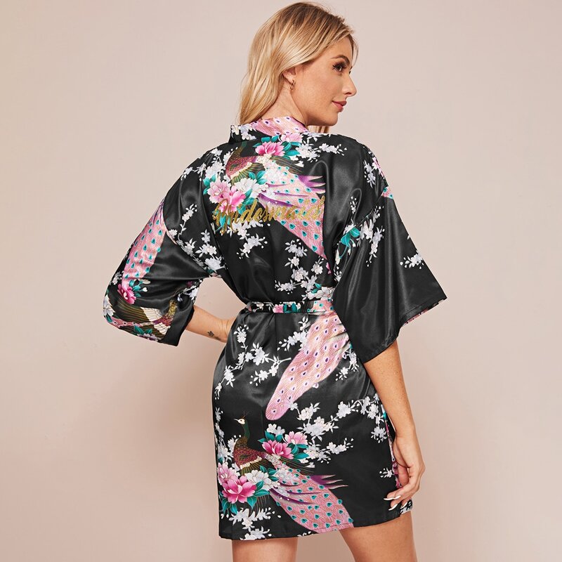 

Floral Print Belted Satin Robe, Black