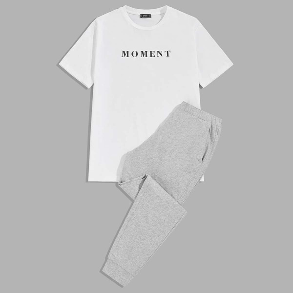 

Men Letter Graphic Tee and Heather Gray Pants PJ Set, Multicolor
