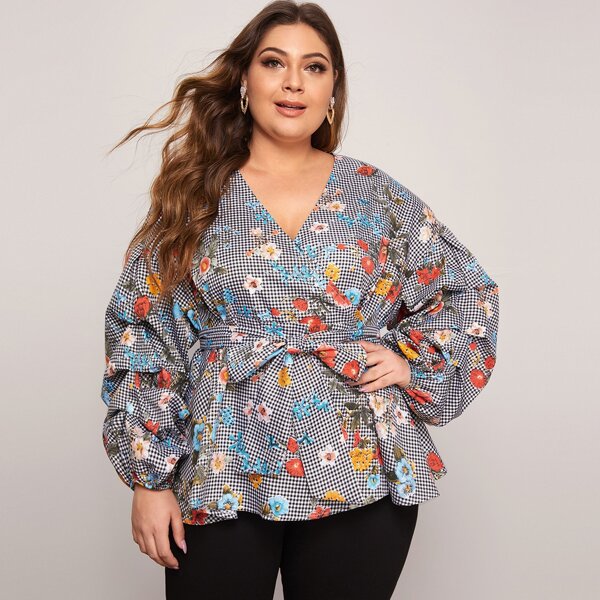 

Plus Gathered Sleeve Floral & Gingham Print Top, Multicolor