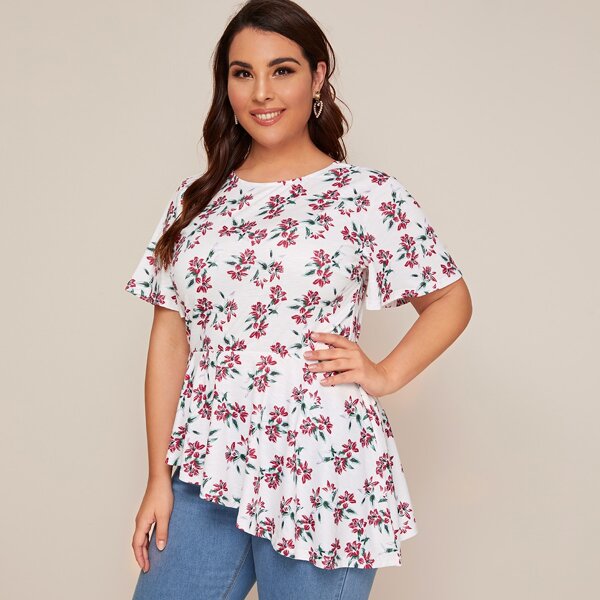 

Plus Floral Print Asymmetrical Ruffle Hem Tee, White