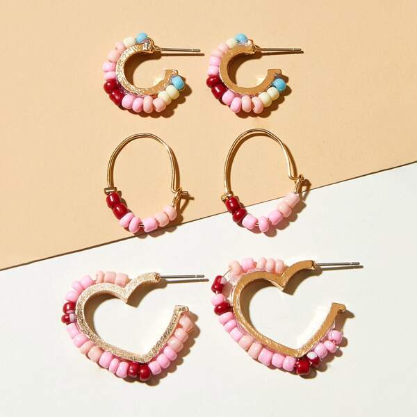 

3pairs Beaded Hoop Earrings Set, Multicolor