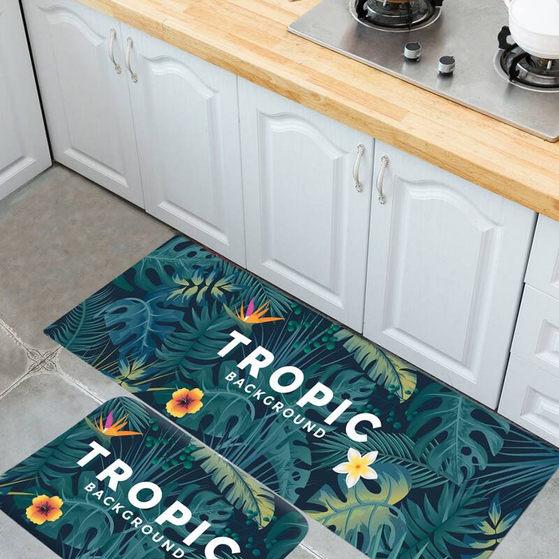 

1pack Tropical & Letter Graphic Kitchen Mat, Green