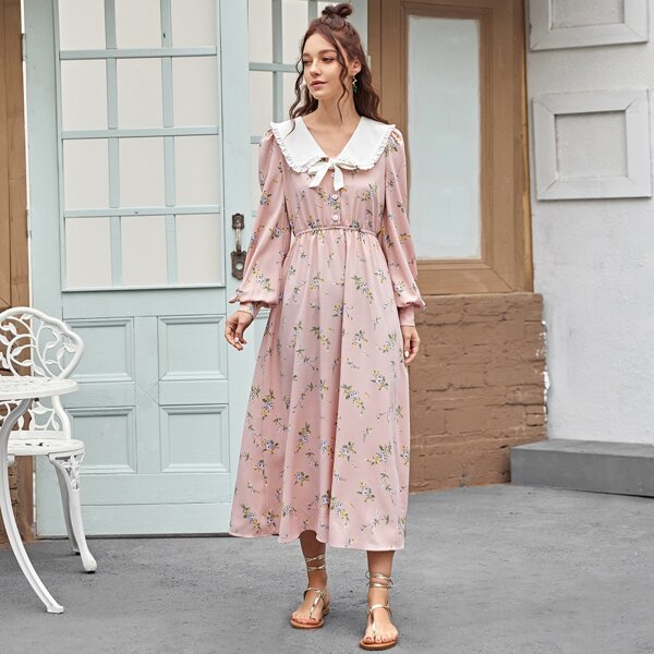 

Peter Pan Collar Lantern Sleeve Floral Print Dress, Pink