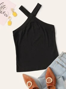SHEIN Unity Rib-knit Fitted Halter Top - Black - View 1
