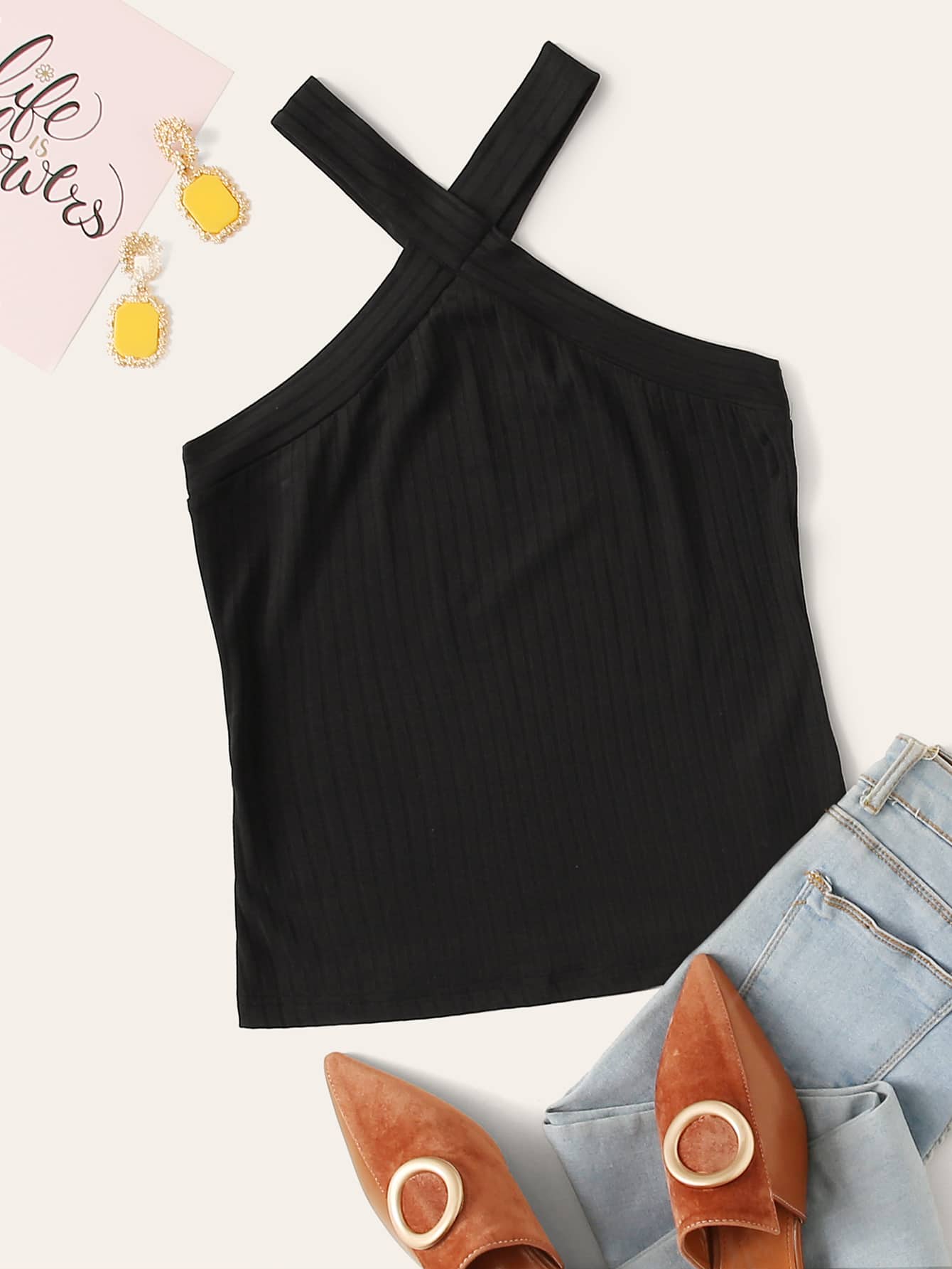 SHEIN Unity Rib-knit Fitted Halter Top - Black - View 1