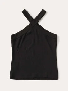 SHEIN Unity Rib-knit Fitted Halter Top - Black - View 2