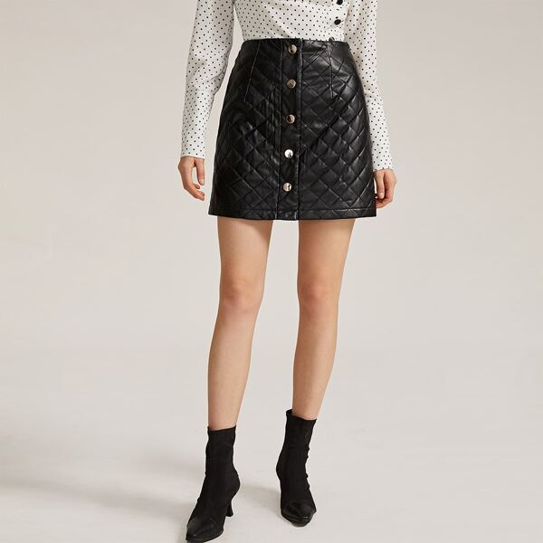 

Premium Button Front Quilted PU Leather Skirt, Black