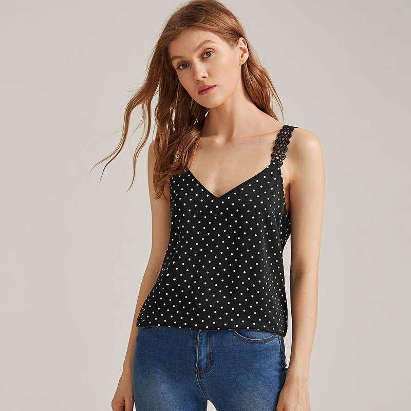 

Premium Polka Dot Top With Guipure Lace Strap, Black