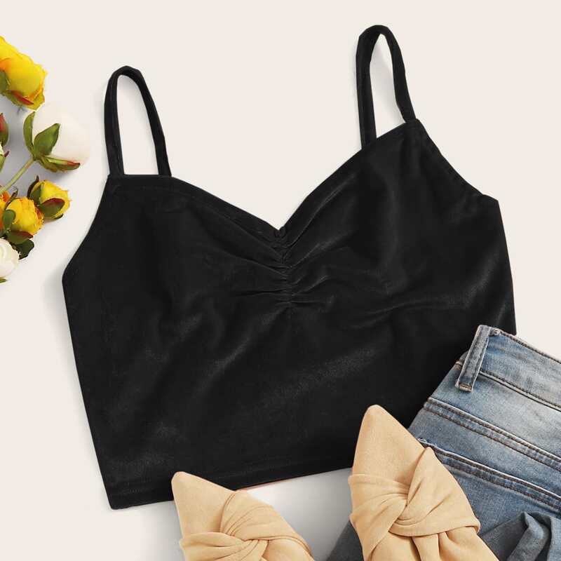 

Ruched Velvet Crop Cami, Black