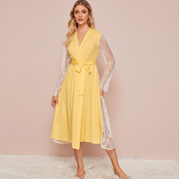 

Contrast Lace Self Belted Robe, Yellow pastel
