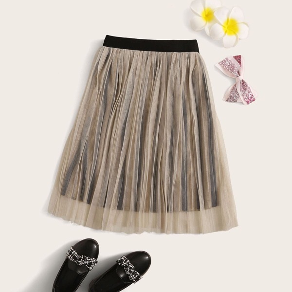 

Toddler Girls Mesh Overlay Midi Pleated Skirt, Khaki