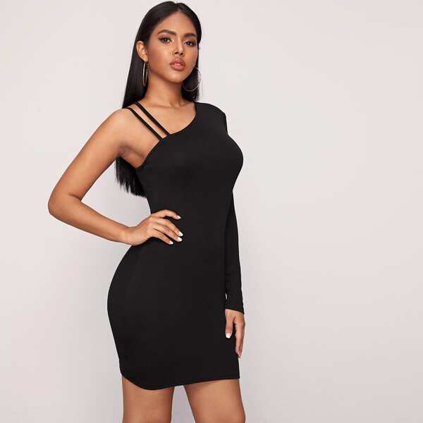

Asymmetrical Neck Solid Bodycon Dress, Black