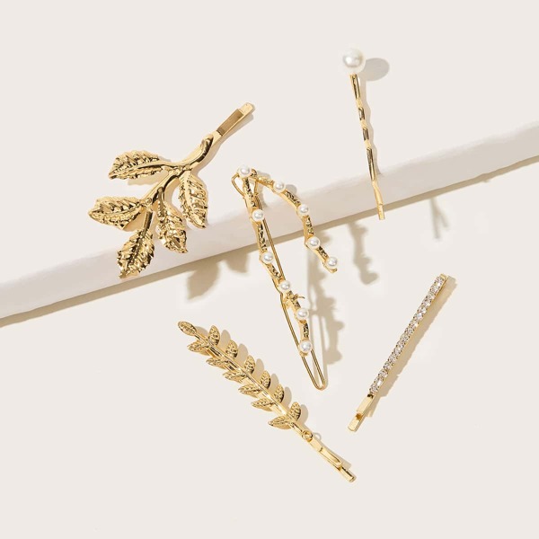 

5pcs Faux Pearl & Leaf Hair Clip, Gold