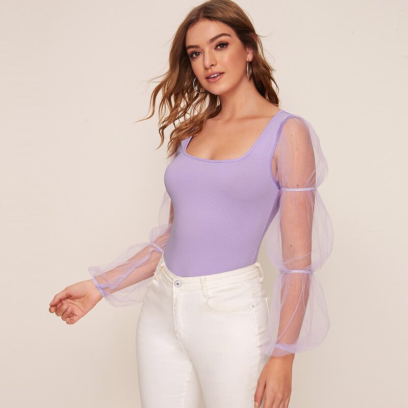 

Gathered Mesh Sleeve Fitted Top, Purple pastel